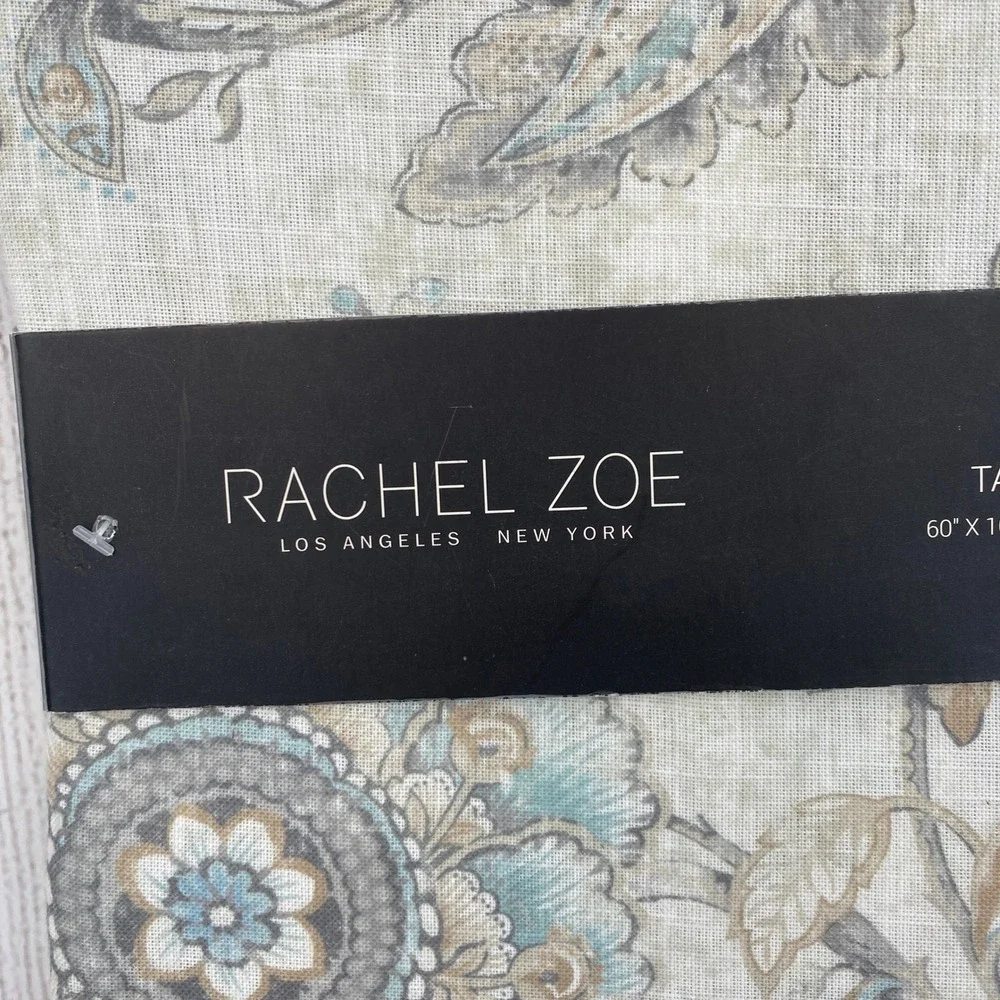 Rachel Zoe Tablecloth 60x104 Blue Grey Floral Paisley Medallion Boho Shabby Chic